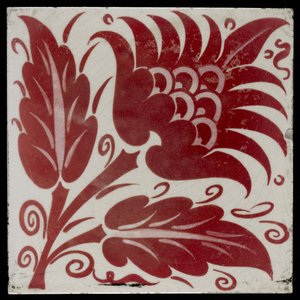 Tegel met gestileerde bloem met twee bladeren en ranken, 1882-88